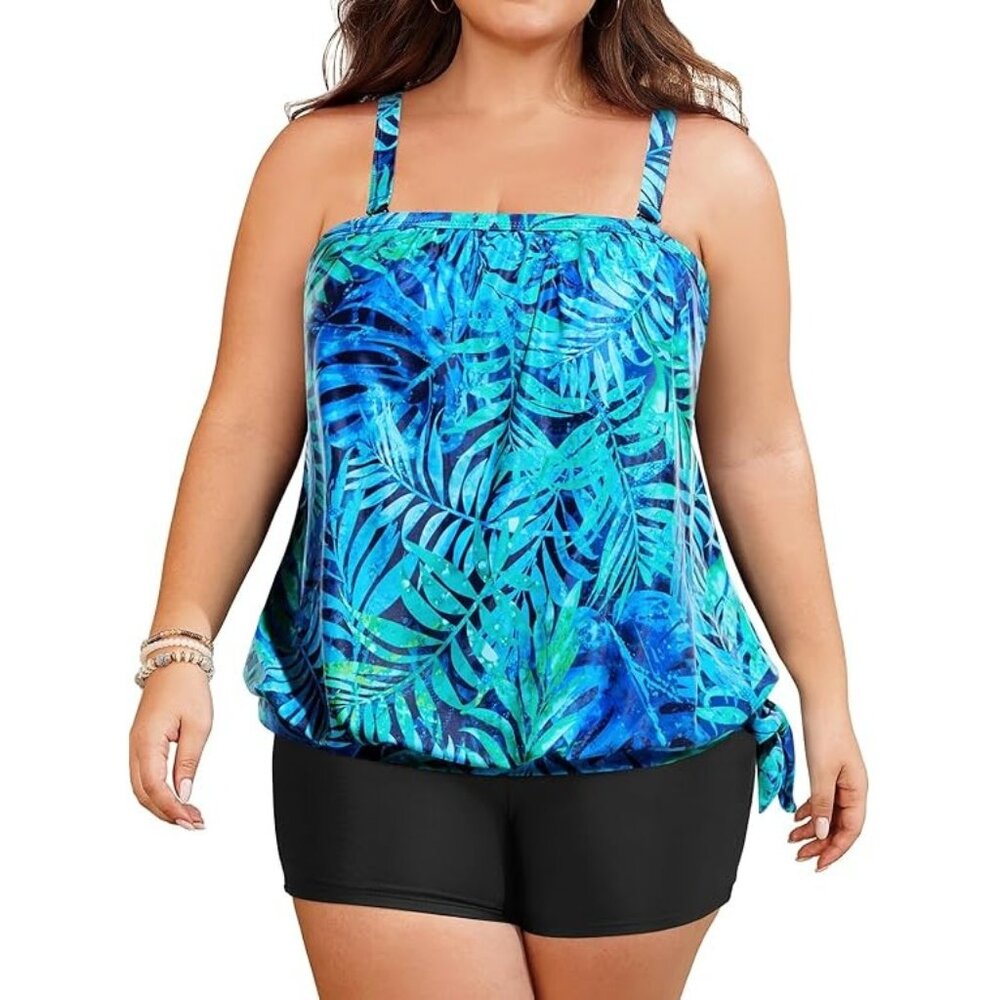 Tempt Me Bandeau 2-Piece Blouson Top High Waist Boyshorts Swimsuit Set Size 18W
